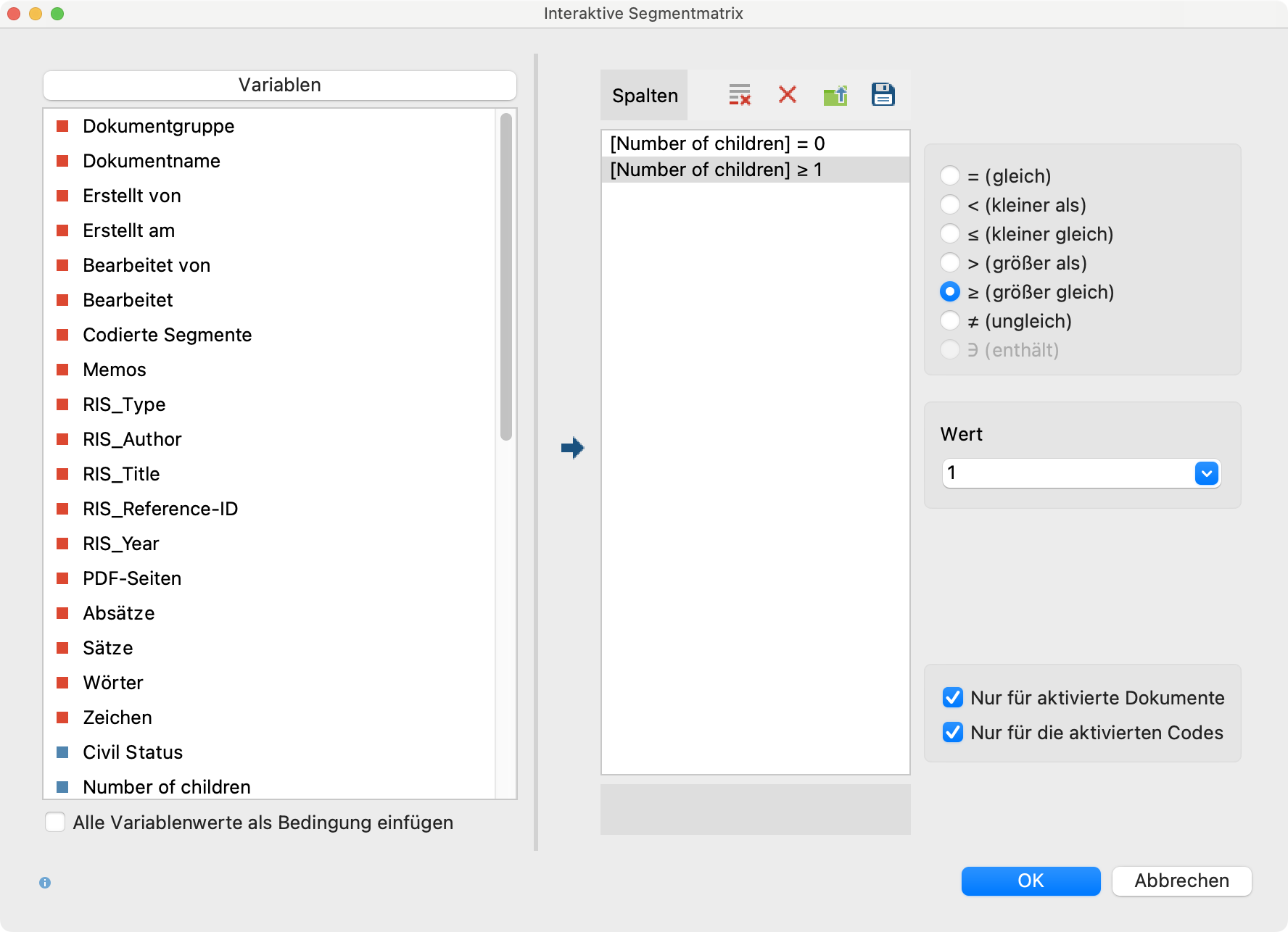 Spalten für die Interaktive Segmentmatrix definieren Spalten für die Interaktive Segmentmatrix definieren