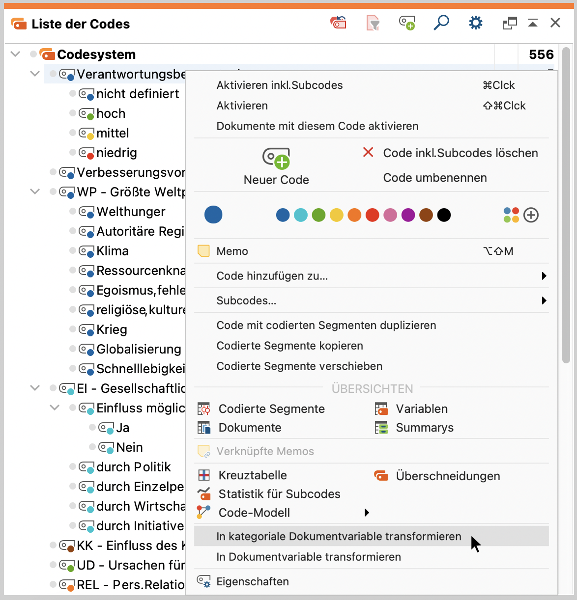 Aufruf der Funktion „in kategoriale Variablen transformieren“ aus dem Kontextmenü