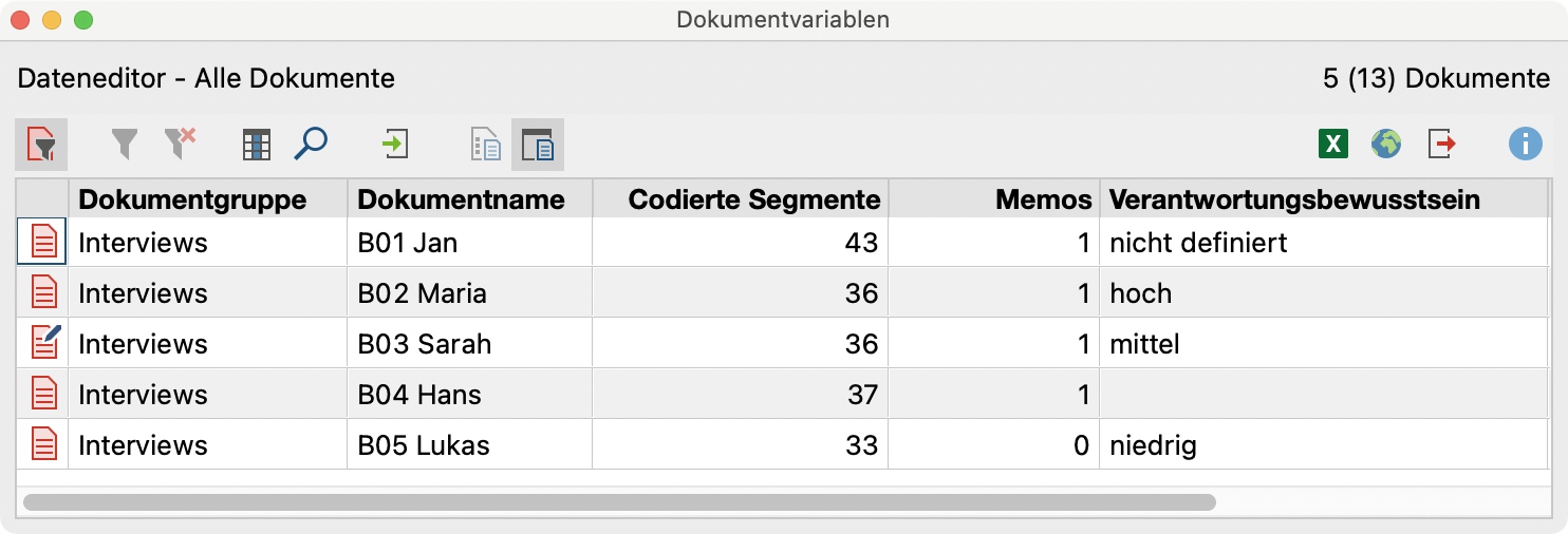 Dateneditor mit neuer kategorialer Variable „Verantwortungsbewusstsein“