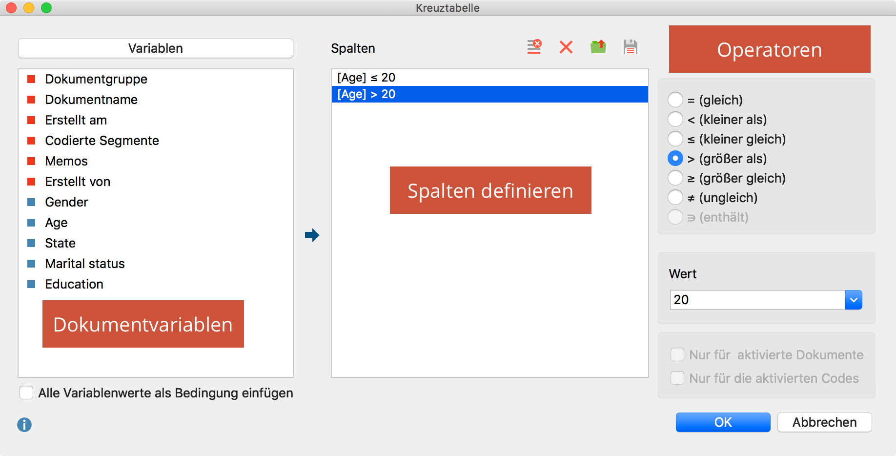 Dialogfenster „Kreuztabelle“ Dialogfenster „Kreuztabelle“