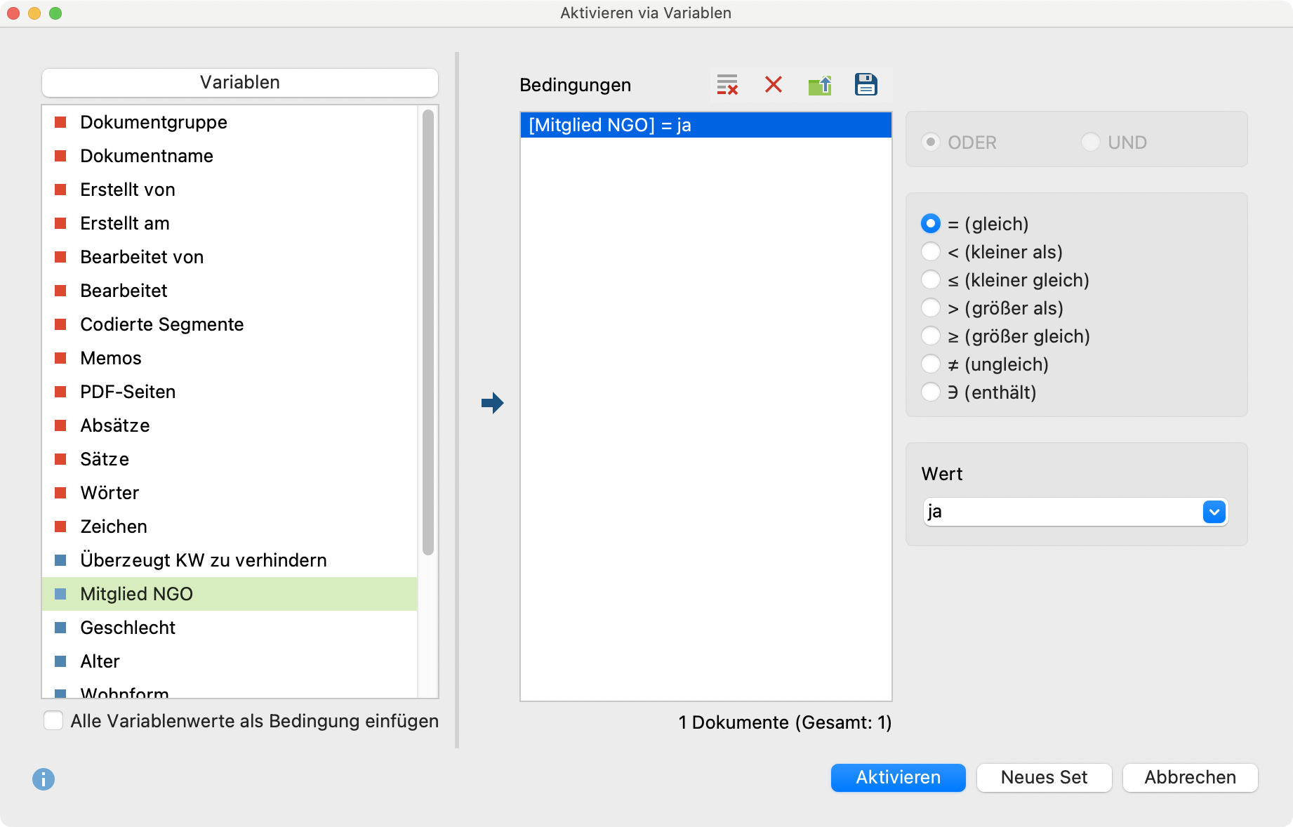 Dialogfenster „Aktivieren via Variablen“