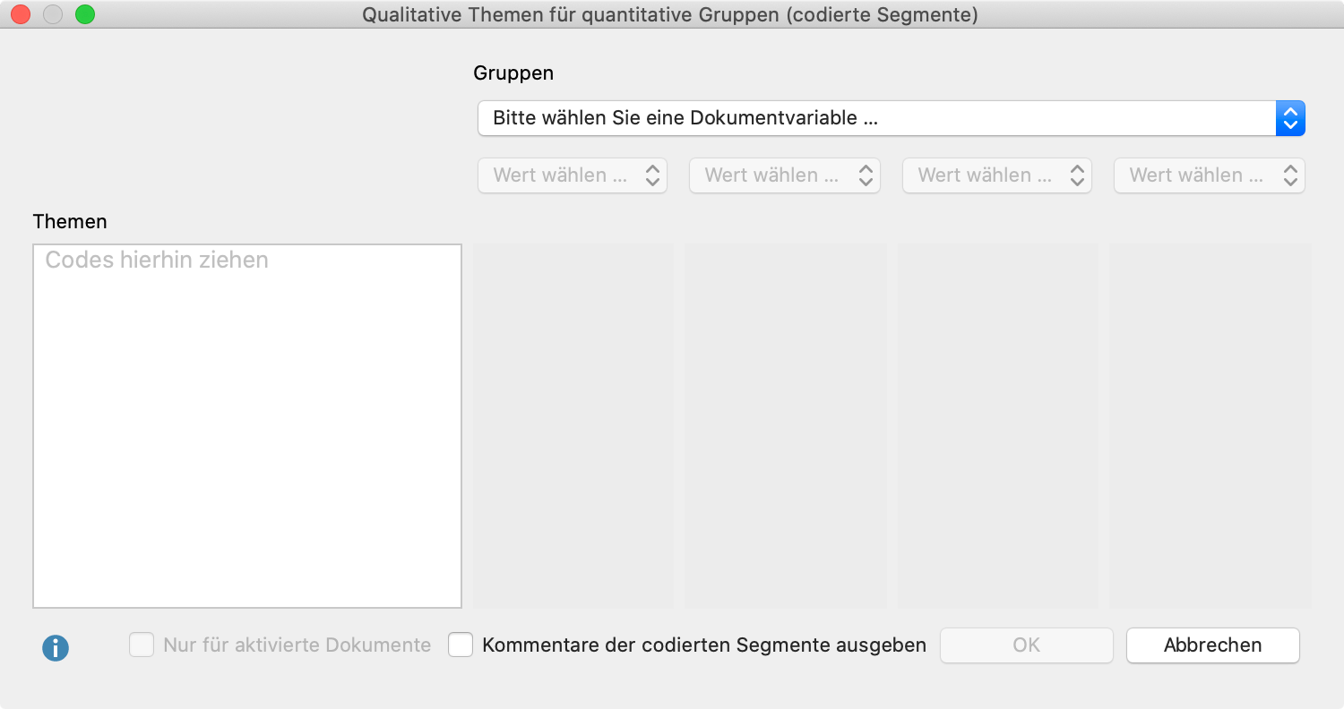Optionsdialog für die Erstellung eines Joint Displays „Qualitative Themen für quantitative Gruppen“ Optionsdialog für die Erstellung eines Joint Displays „Qualitative Themen für qualitative Gruppen“
