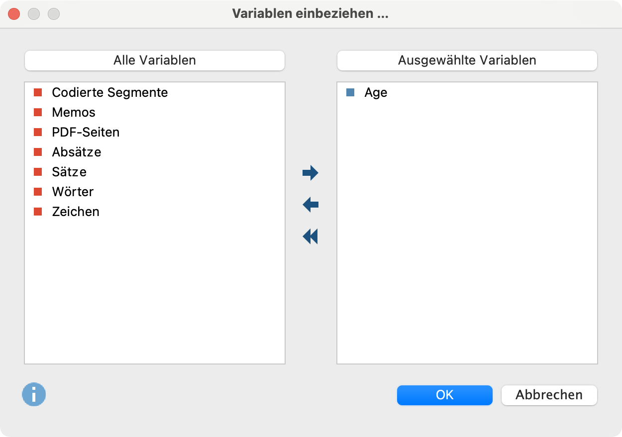 Variablenwerte auswählen bei der Analyseart „Häufigkeit des Codes“