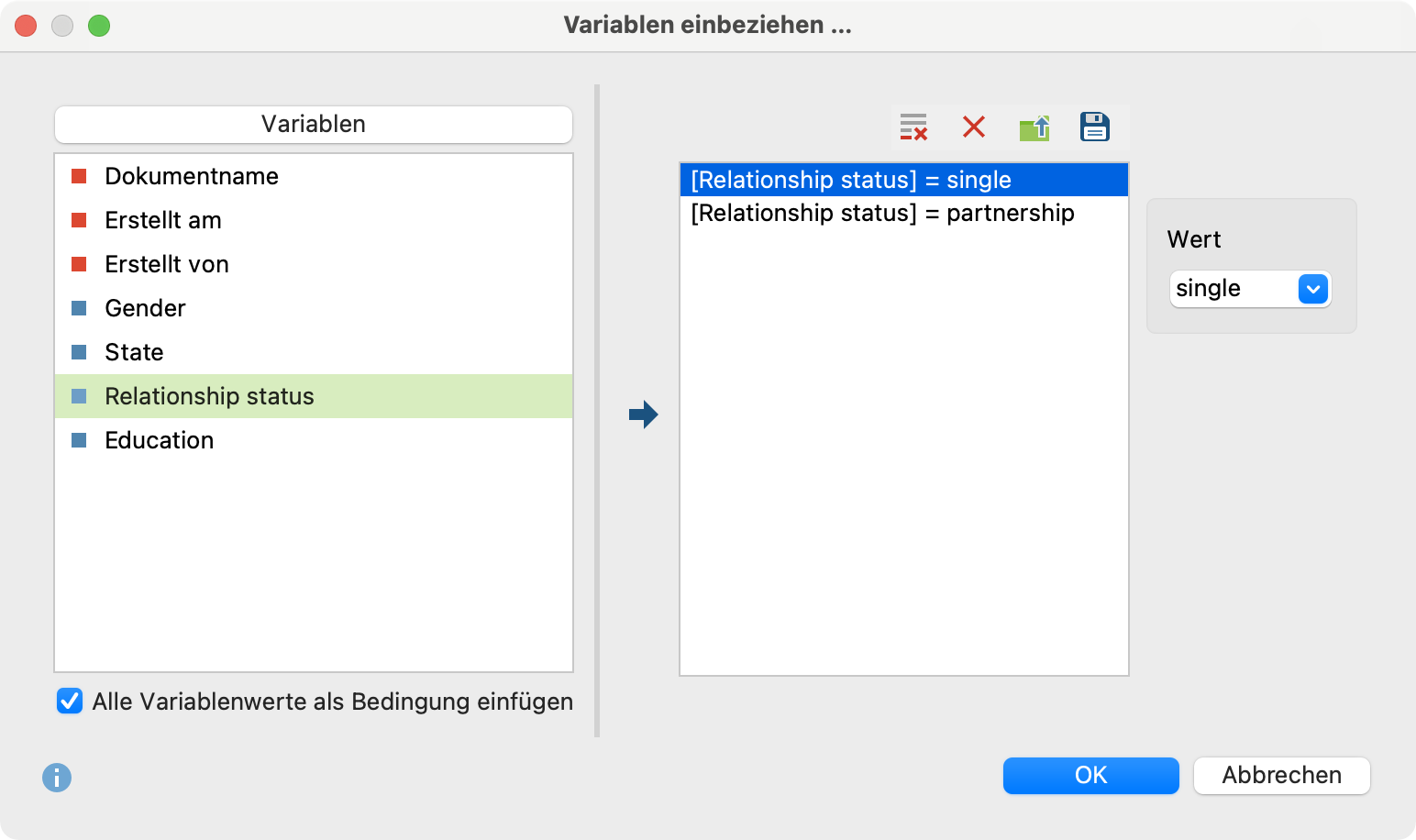 Variablenwerte auswählen bei der Analyseart „Vorkommen des Codes“