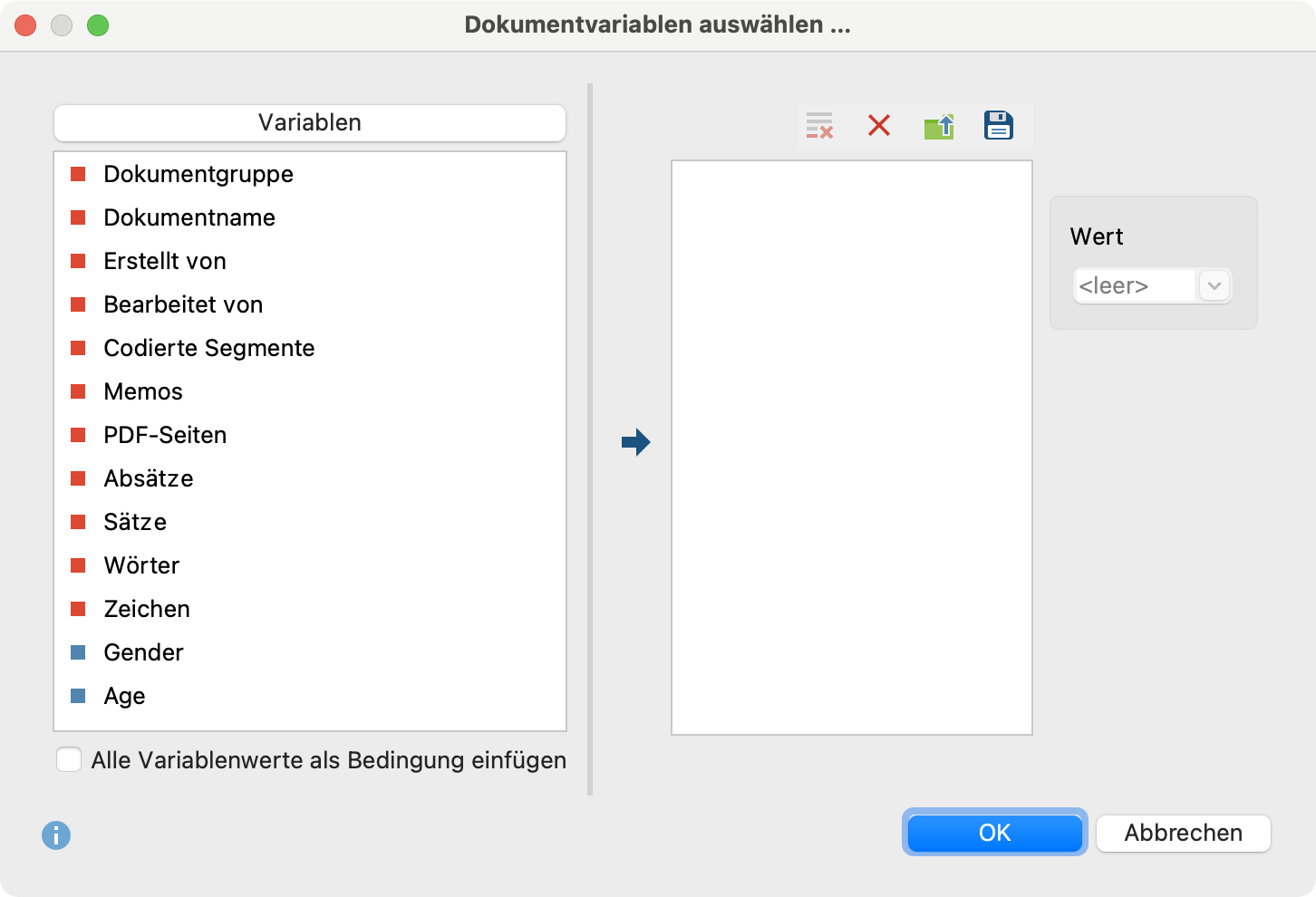 Dokumentvariablen für das Joint Display „Statistik für qualitative Gruppen“ auswählen
