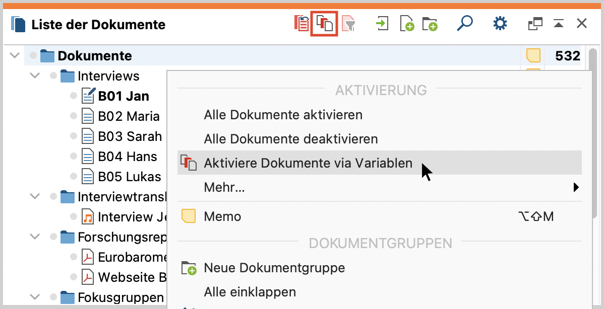 „Logische Aktivierung“ aufrufen mit Hilfe des Kontextmenüs oder des Buttons