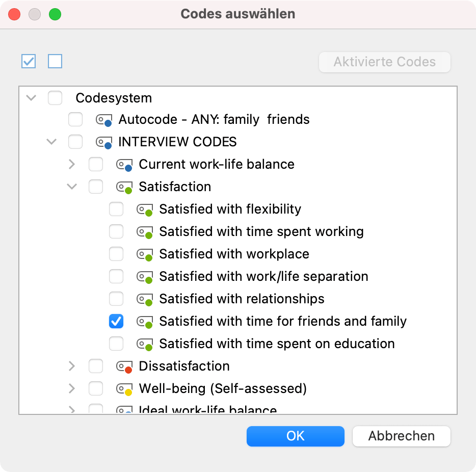 Codes auswählen, die in das QTT eingefügt werden sollen Codes auswählen, die in das QTT eingefügt werden sollen