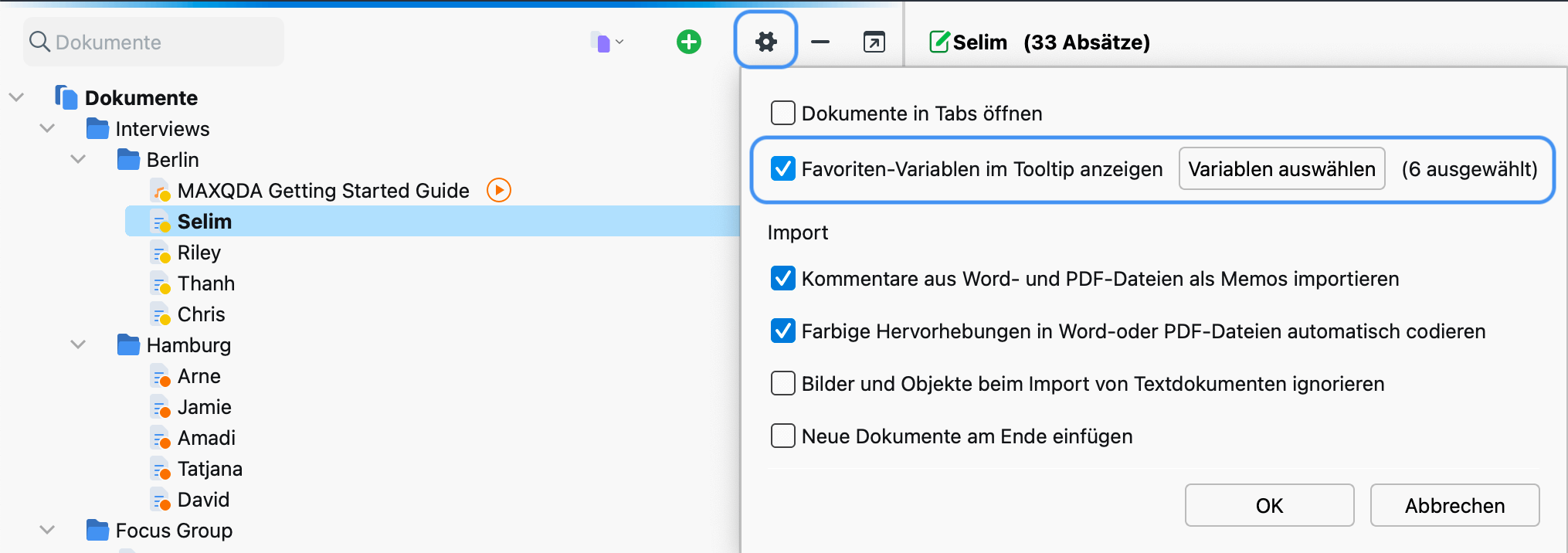 Lokale Einstellungen im Fenster „Liste der Dokumente“ öffnen Lokale Einstellungen im Fenster „Liste der Dokumente“ öffnen