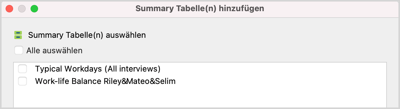 Summary-Tabelle auswählen, die in das QTT eingefügt werden soll Summary-Tabelle auswählen, die in das QTT eingefügt werden soll