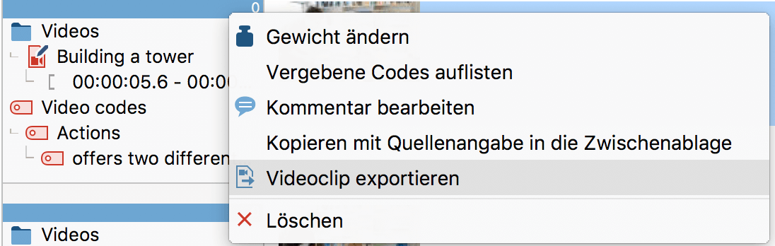 Export eines Videoclips in der „Liste der codierten Segmente“ aufrufen Export eines Videoclips in der „Liste der Codings“ aufrufen