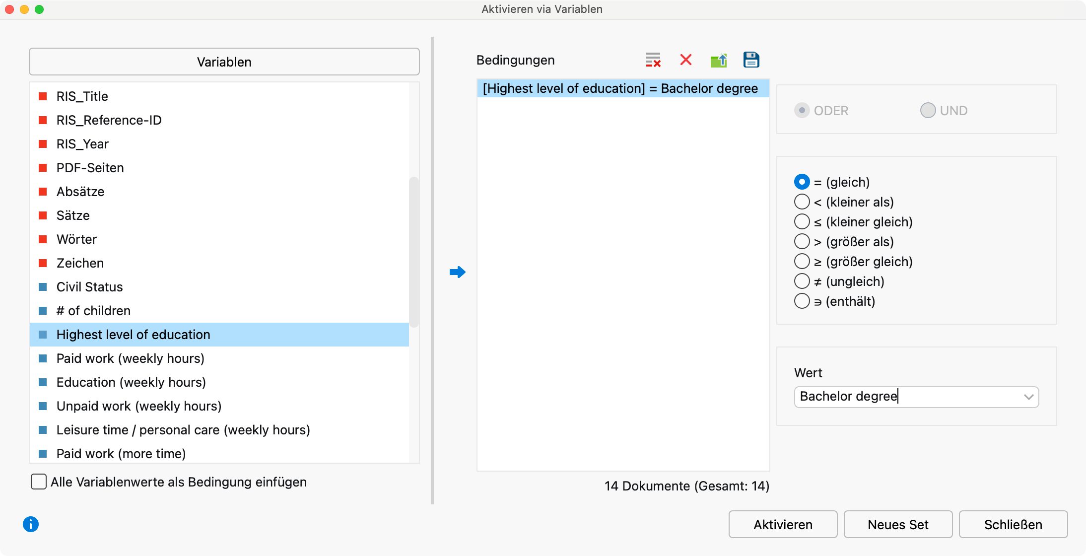 Dialogfenster „Aktivieren via Variablen“ Dialogfenster „Aktivieren via Variablen“