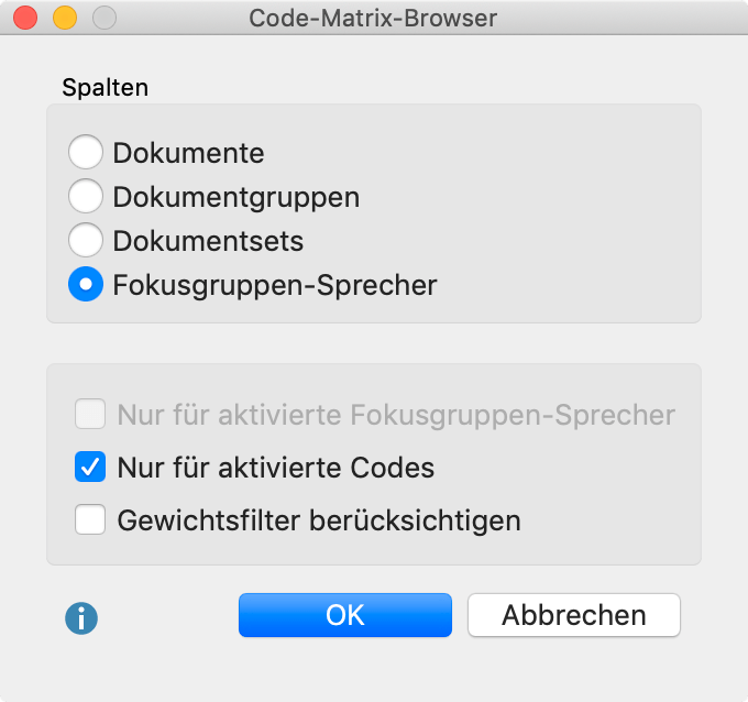 Optionen beim Aufruf des Code-Matrix-Browsers Optionen beim Aufruf des Code-Matrix-Browsers