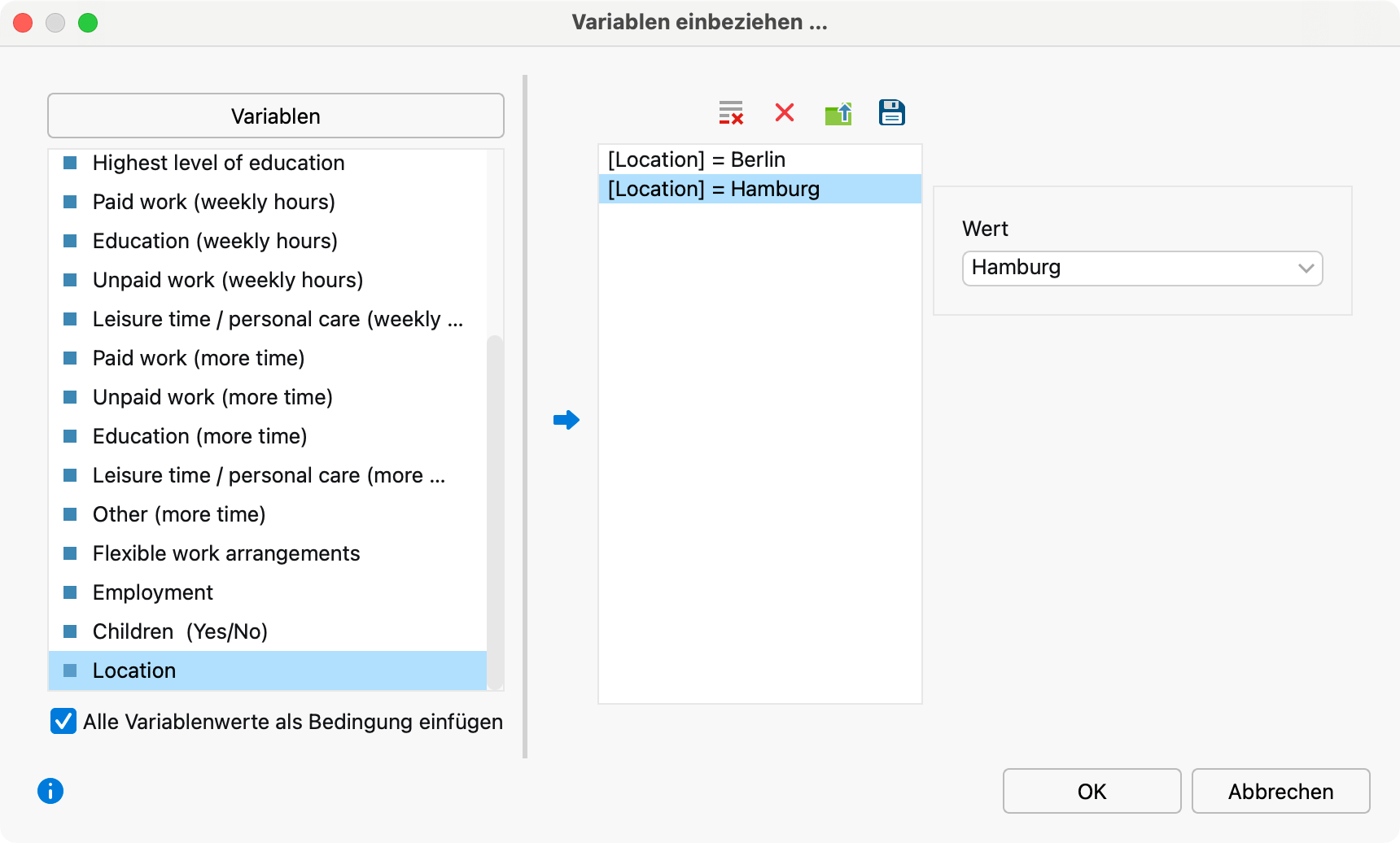 Variablenwerte auswählen bei der Analyseart „Vorkommen des Codes“ Variablenwerte auswählen bei der Analyseart „Vorkommen des Codes“