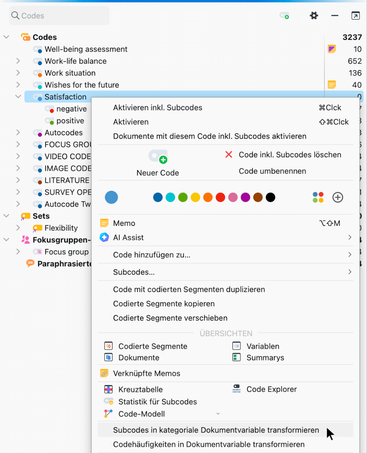 Aufruf der Funktion „in kategoriale Variablen transformieren“ aus dem Kontextmenü Aufruf der Funktion „in kategoriale Variablen transformieren“ aus dem Kontextmenü