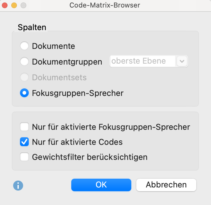 Optionen beim Aufruf des Code-Matrix-Browsers Optionen beim Aufruf des Code-Matrix-Browsers