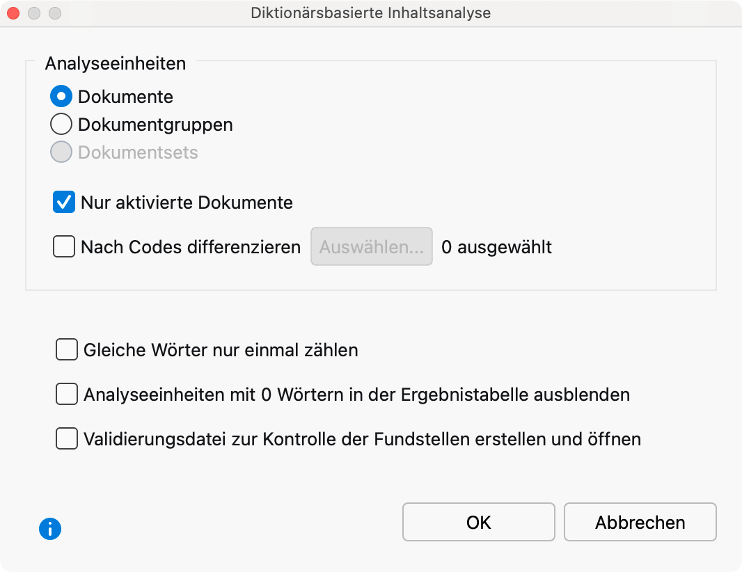 Optionsdialog für die Funktion „Diktionärbasierte Inhaltsanalyse Optionsdialog für die Funktion „Diktionärbasierte Inhaltsanalyse“