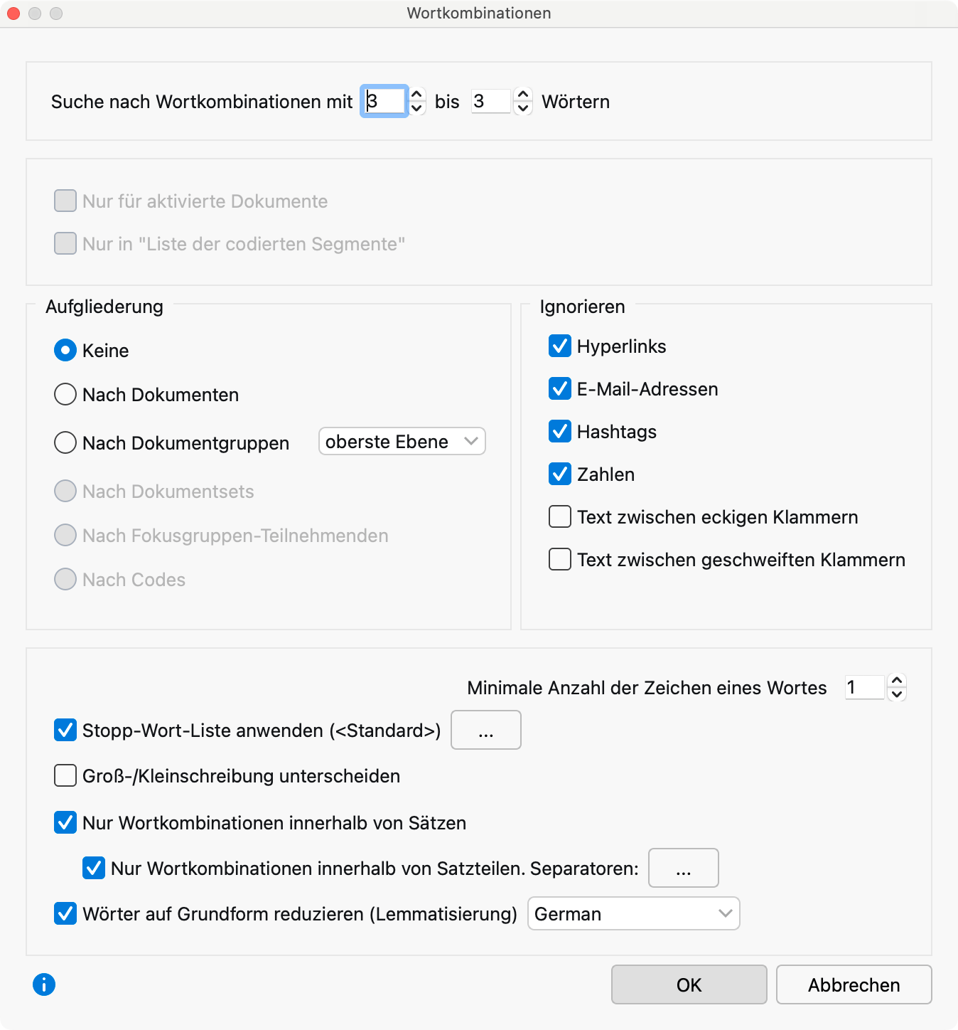 Optionen festlegen für die Bestimmung von Wortkombinationen Optionen festlegen für die Bestimmung von Wortkombinationen