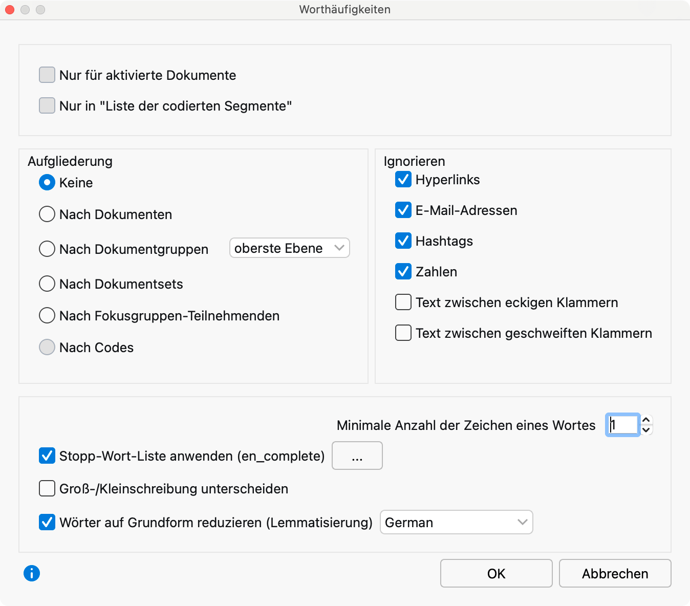 Das Dialogfenster der Funktion „Worthäufigkeiten“ Das Dialogfenster der Funktion „Worthäufigkeiten“