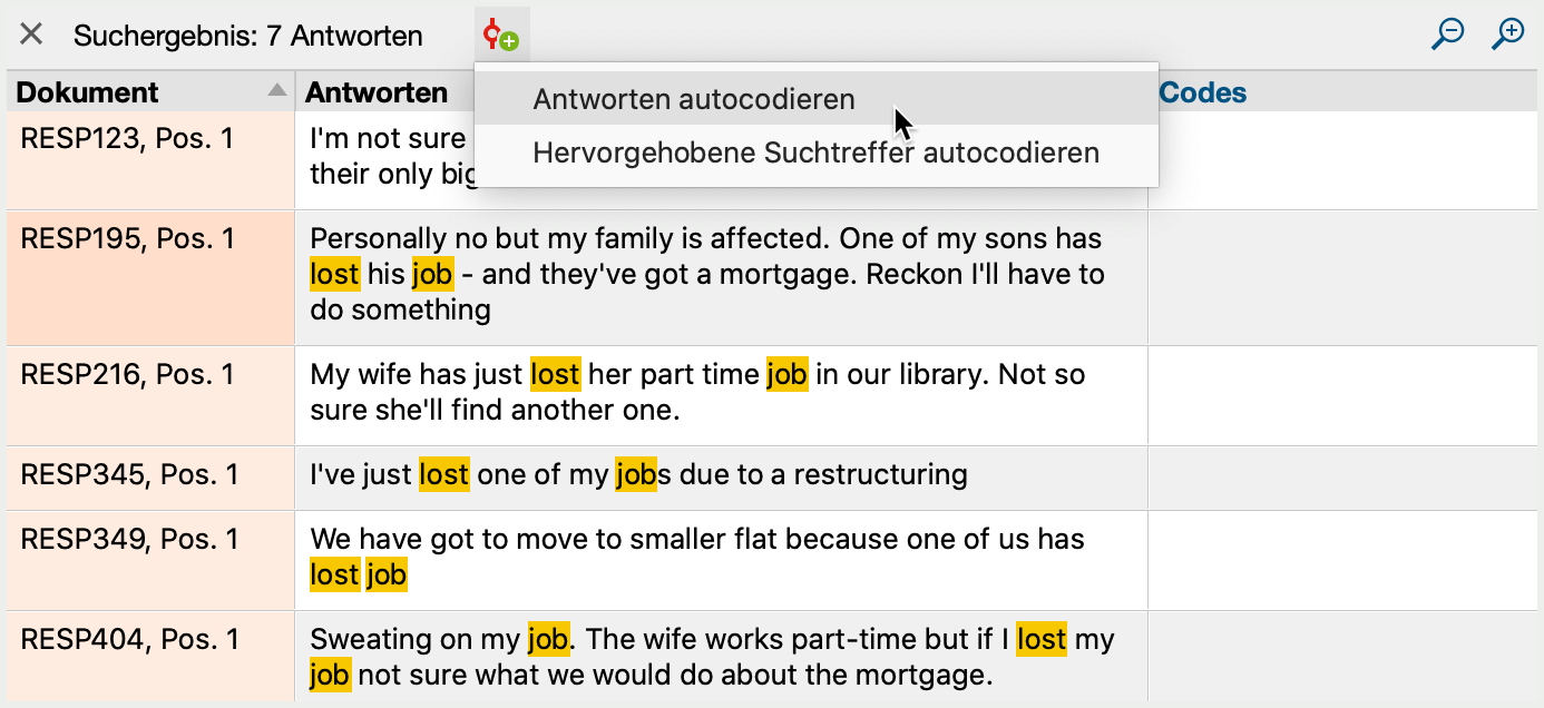 Auflistung der Suchtreffer und Starten der Autocodierung Auflistung der Suchtreffer und Starten der Autocodierung