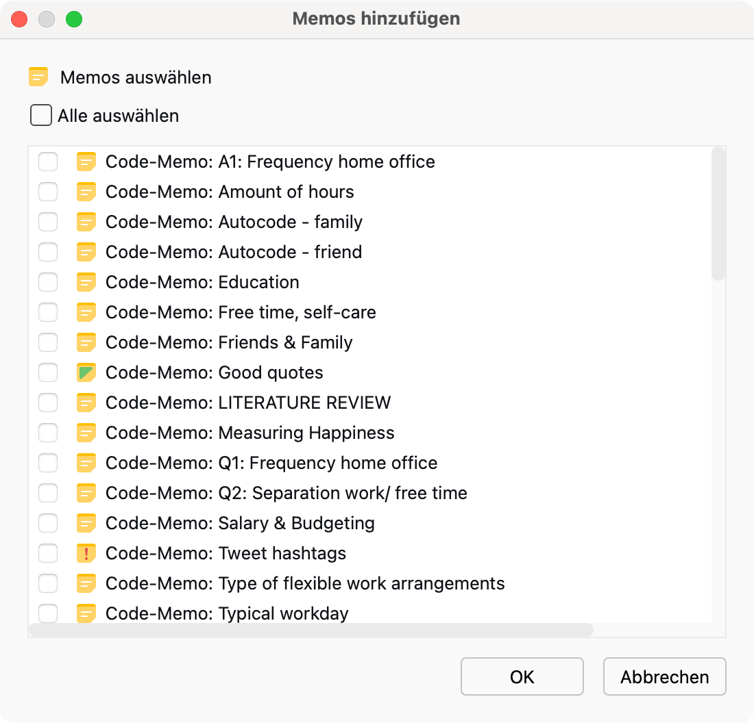 Memos auswählen, die in das QTT eingefügt werden sollen Memos auswählen, die in das QTT eingefügt werden sollen