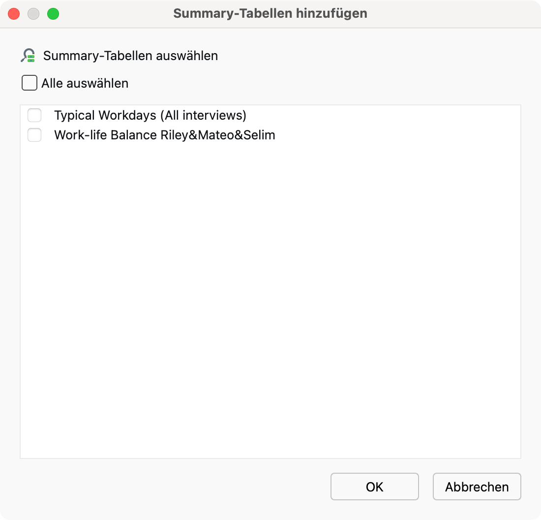 Summary-Tabelle auswählen, die in das QTT eingefügt werden soll Summary-Tabelle auswählen, die in das QTT eingefügt werden soll