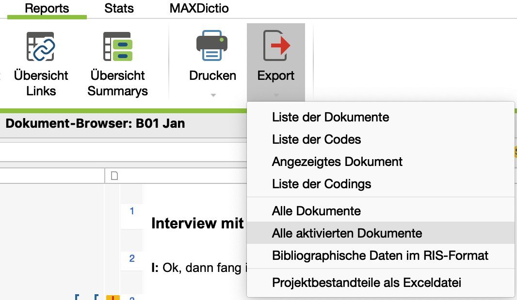 Export starten im Tab „Reports“ Export starten im Tab „Reports“