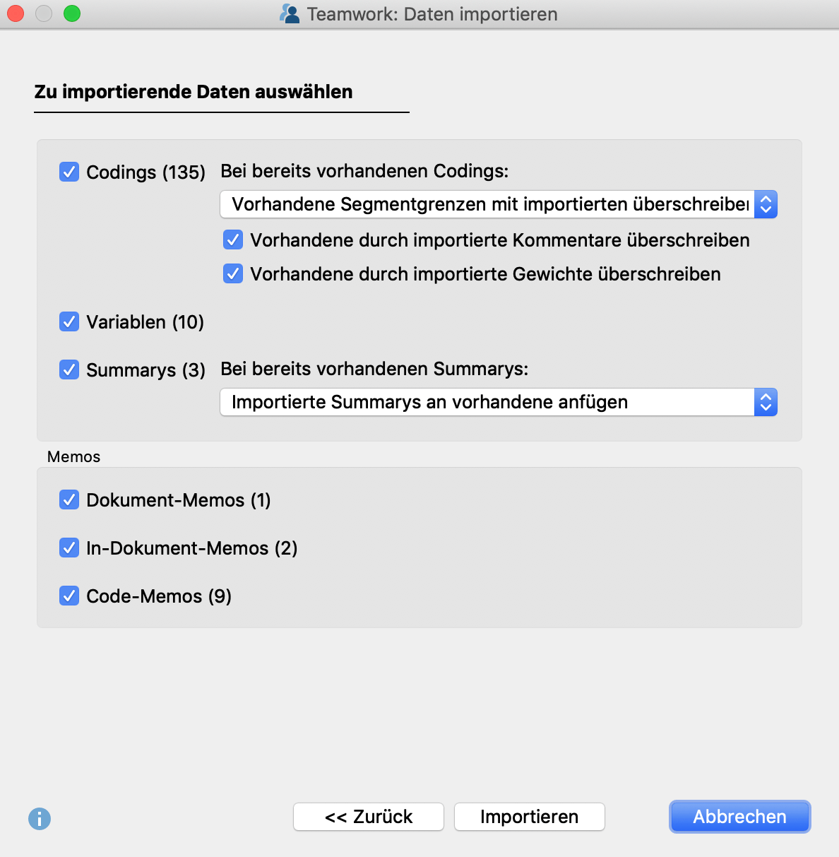 Auswahl der zu importierenden Daten Auswahl der zu importierenden Daten