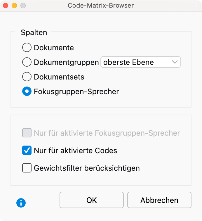 Optionen beim Aufruf des Code-Matrix-Browsers Optionen beim Aufruf des Code-Matrix-Browsers