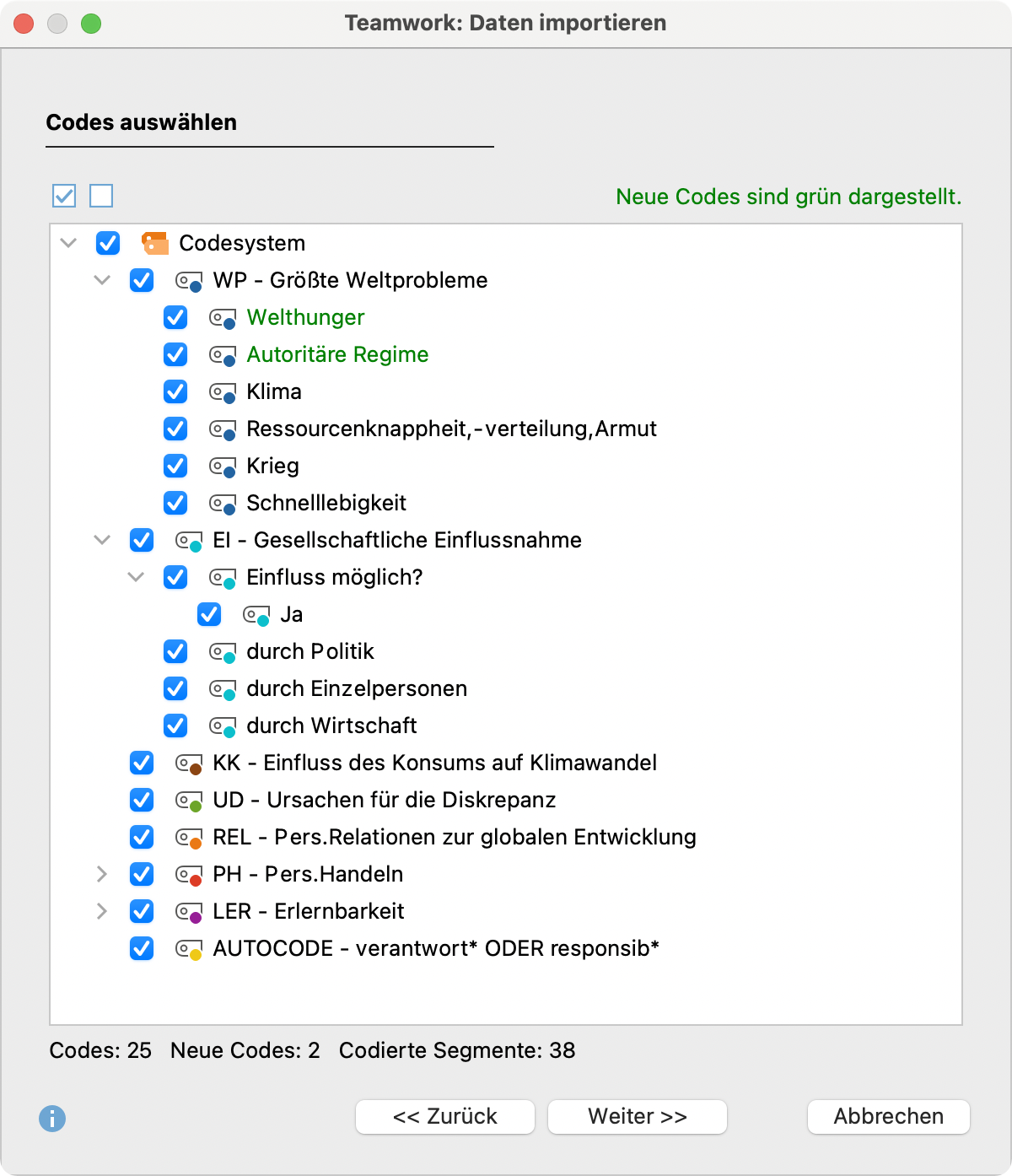 Codes auswählen