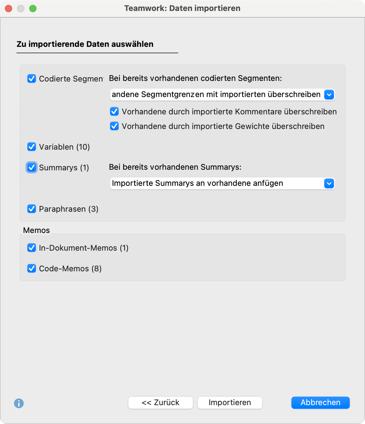 Auswahl der zu importierenden Daten