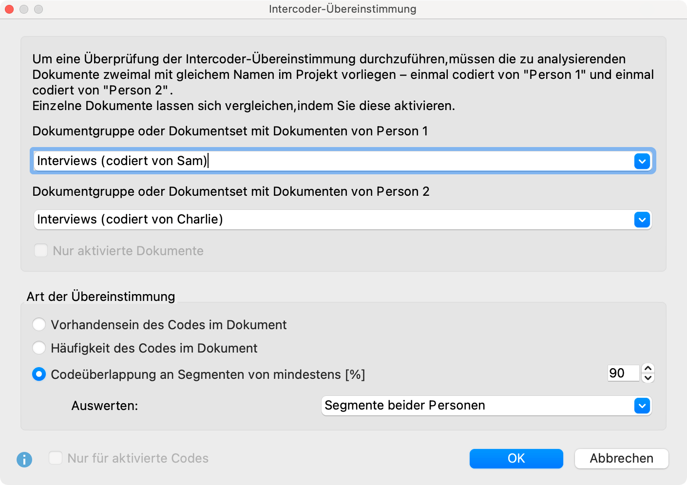 Optionen für die Prüfung der Intercoder-Übereinstimmung