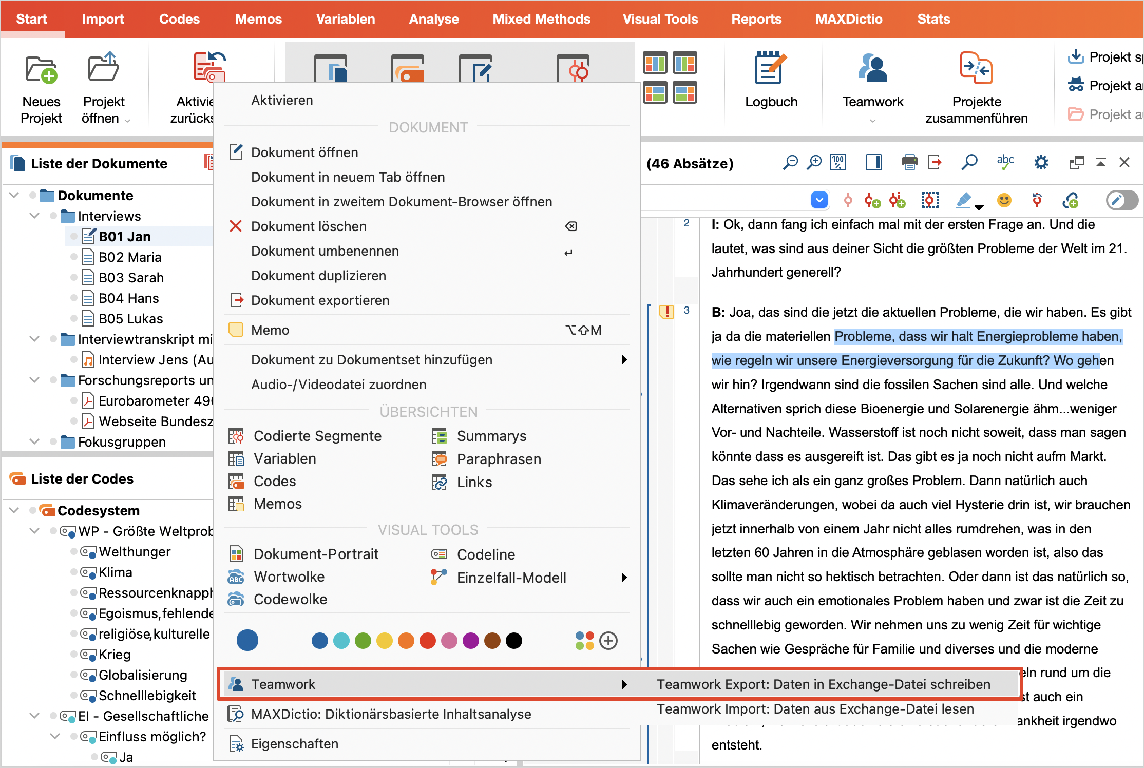 Teamwork Export für ein Dokument direkt in der „Liste der Dokumente“ starten
