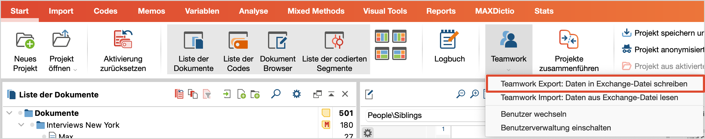 Teamwork Export starten