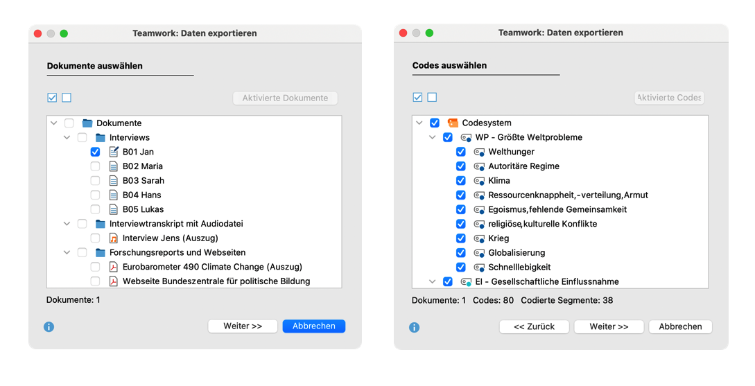 Dokumente auswählen (links), Codes auswählen (rechts)