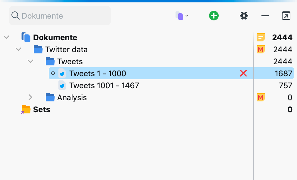 Twitter-Dokument in der „Liste der Dokumente“ Twitter-Dokumente in der „Liste der Dokumente“