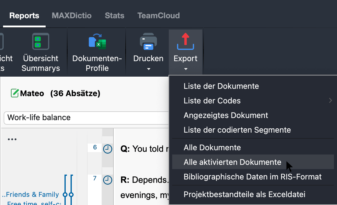 Export starten im Tab „Reports“ Export starten im Tab „Reports“