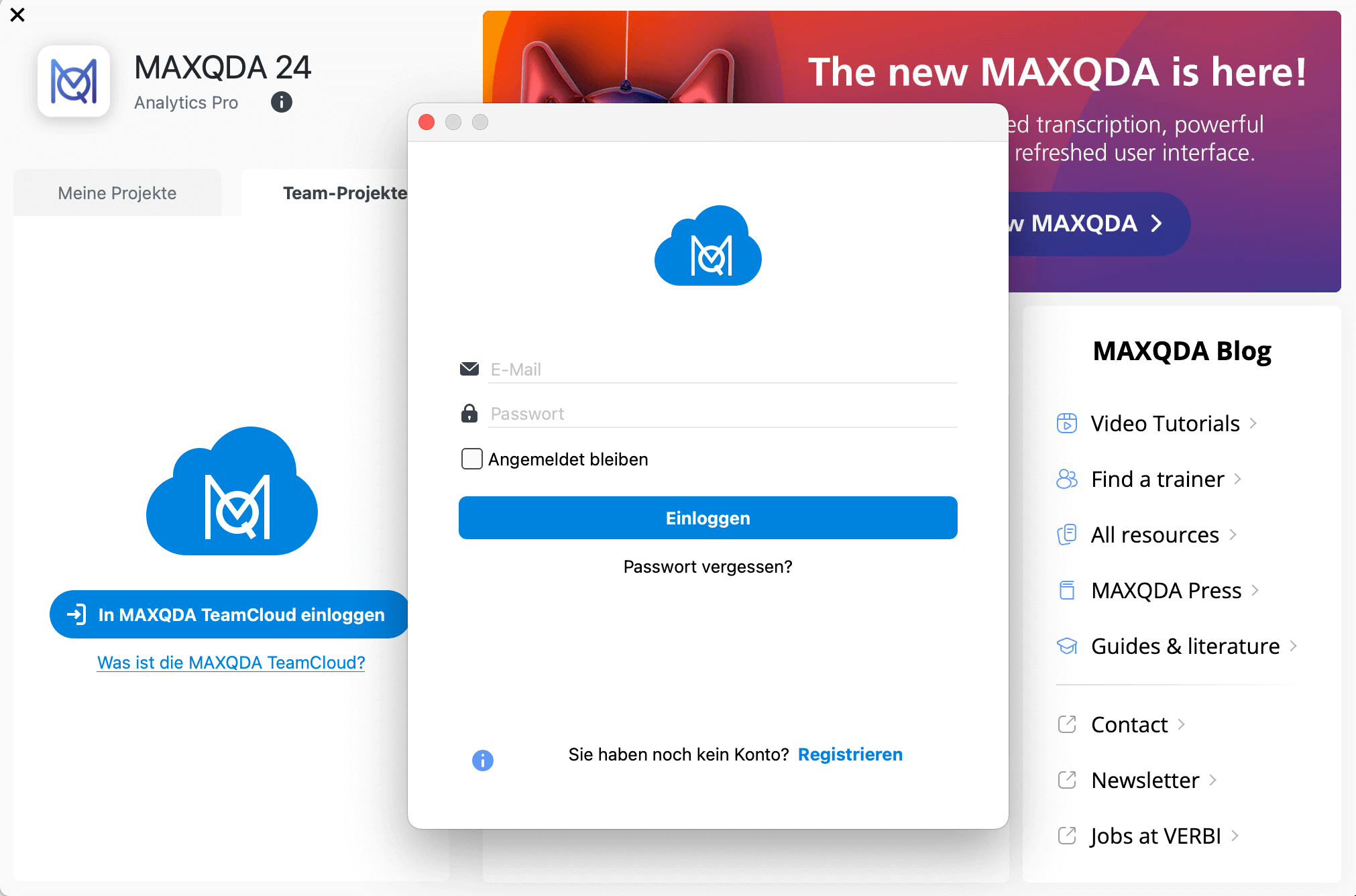 Anmeldedialog im MAXQDA Startfenster zum Einloggen in die TeamCloud Anmeldedialog im MAXQDA Startfenster zum Einloggen in die TeamCloud