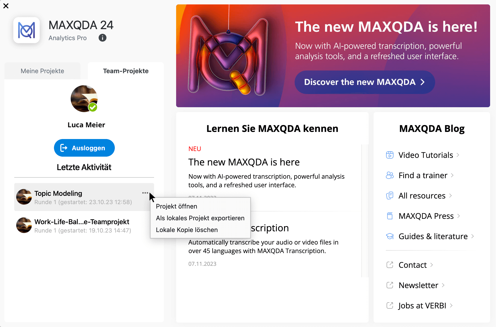 Detailansicht des MAXQDA-Startfensters nach dem Einloggen in die MAXQDA TeamCloud Detailansicht des MAXQDA-Startfensters nach dem Einloggen in die MAXQDA TeamCloud