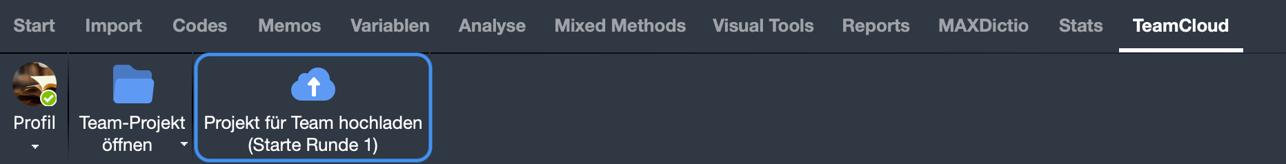 Upload-Button für Team-Leitung im TeamCloud-Menü Upload-Button für Team-Leitung im TeamCloud-Menü