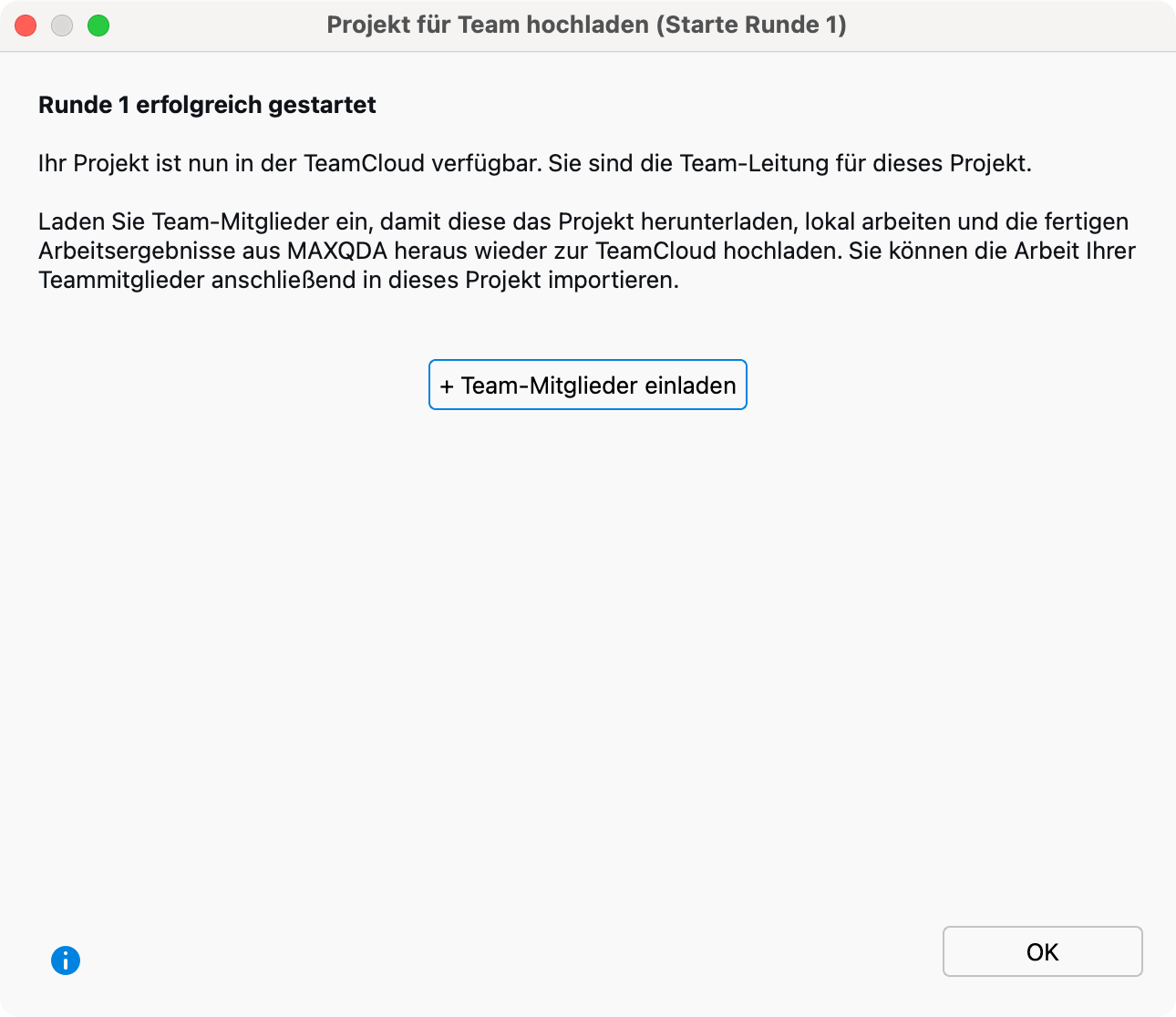 Erfolgsmeldung mit Möglichkeit zum Einladen von Team-Mitgliedern Erfolgsmeldung mit Möglichkeit zum Einladen von Team-Mitgliedern