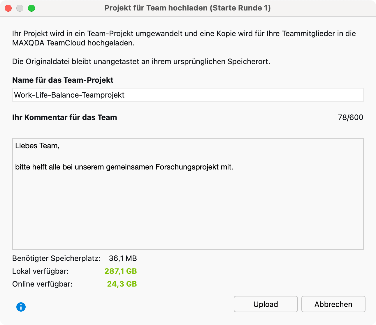Upload-Dialog zum Benennen des Team-Projekts mit Kommentarfunktion Upload-Dialog zum Benennen des Team-Projekts mit Kommentarfunktion