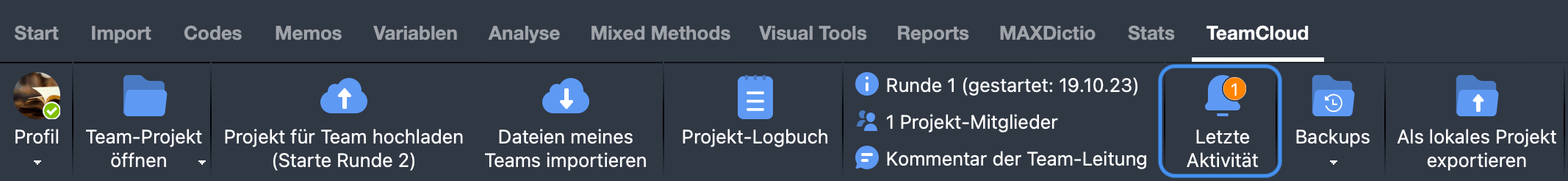 Benachrichtigung über neue Aktivitäten im TeamCloud-Menü Benachrichtigung über neue Aktivitäten im TeamCloud-Menü