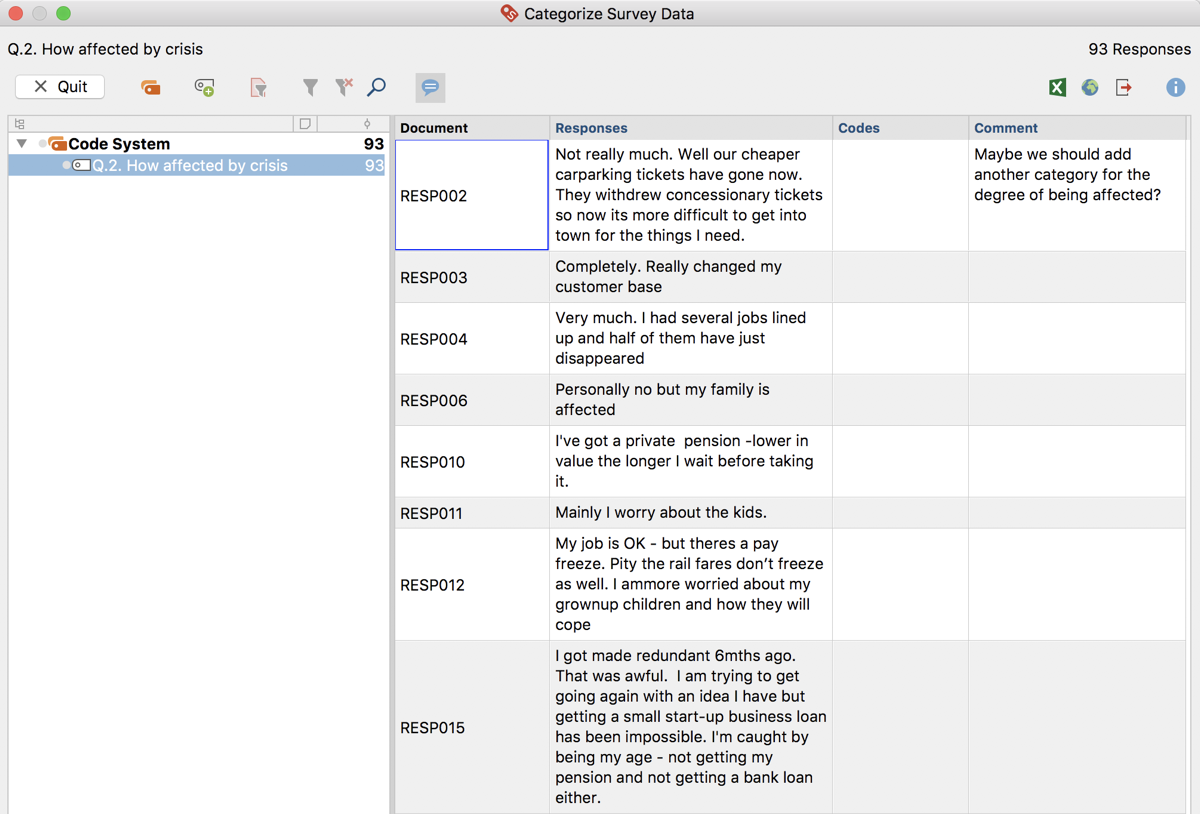 Interactive table window for categorizing survey responses Interactive table window for categorizing survey responses