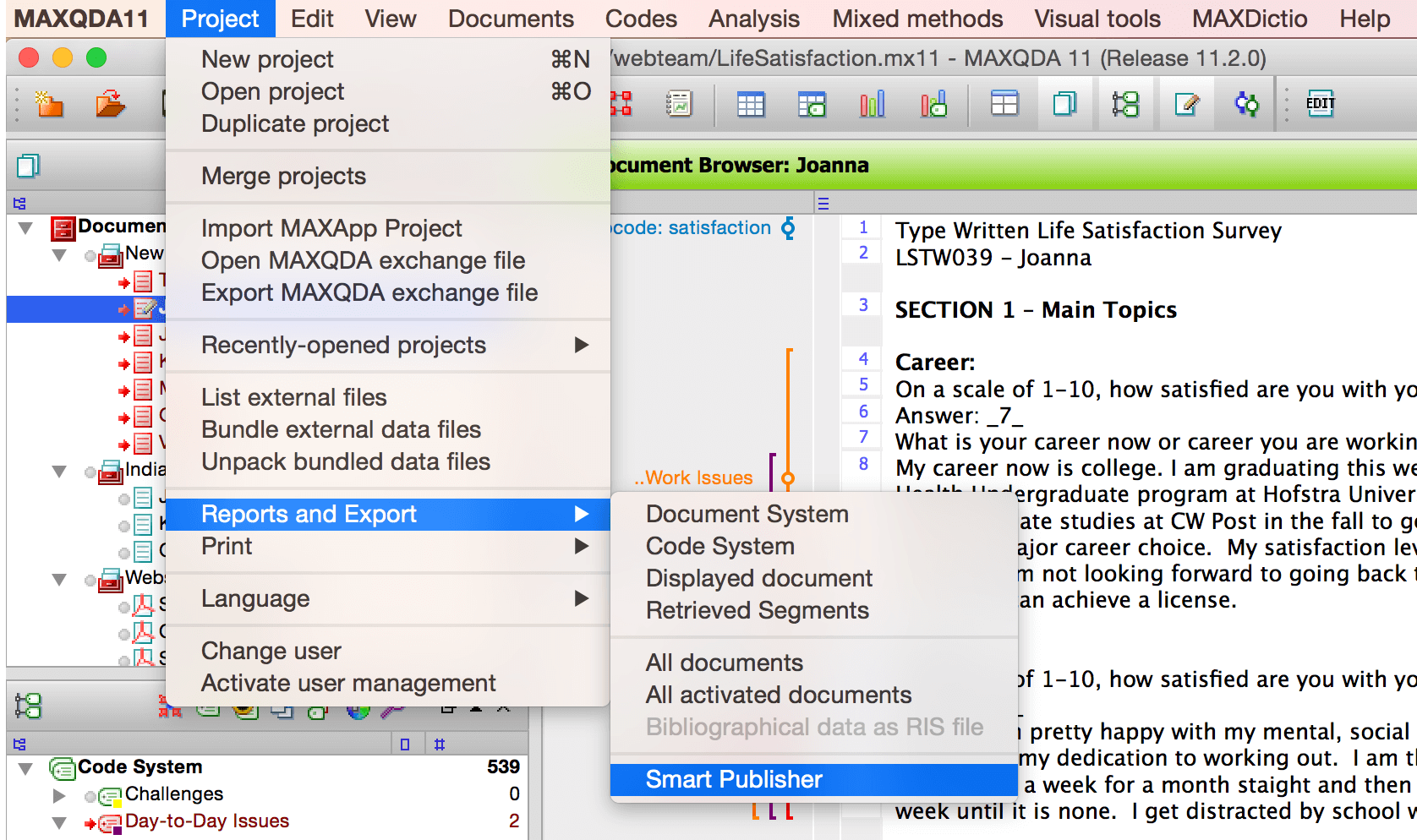 How to create a Smart Publisher report with MAXQDA for mac Accessing MAXQDA Smart Publisher via the menu'