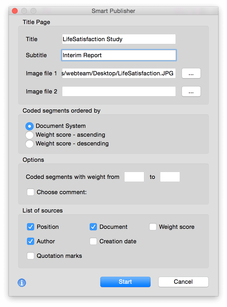 Available options when creating a MAXQDA report with Smart Publisher Available options when creating a MAXQDA report with Smart Publisher