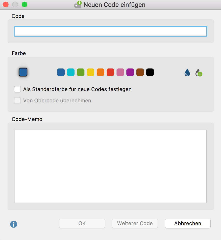 Das Fenster zum Erstellen eines neuen Codes Das Fenster zum Erstellen eines neuen Codes