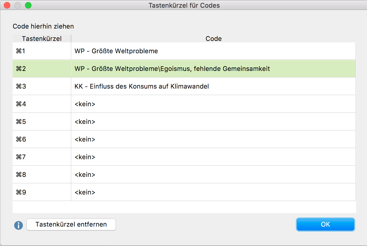 Das Fenster „Tastenkürzel für Codes“ Das Fenster „Tastenkürzel für Codes“
