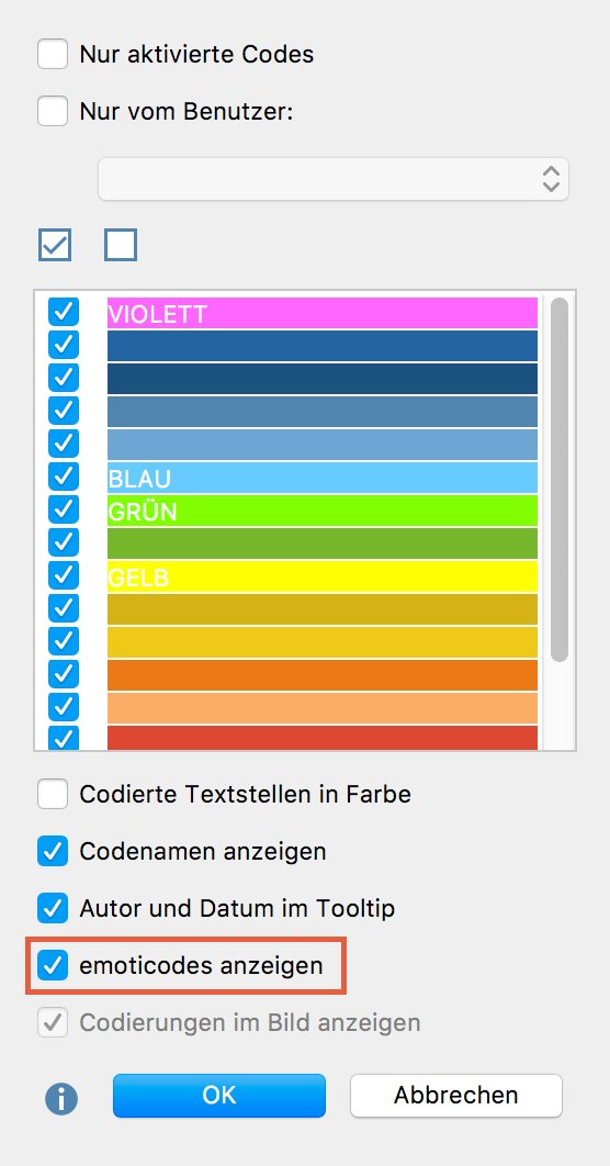 Auswahl, ob Codierstreifen für die emoticodes angezeigt werden sollen