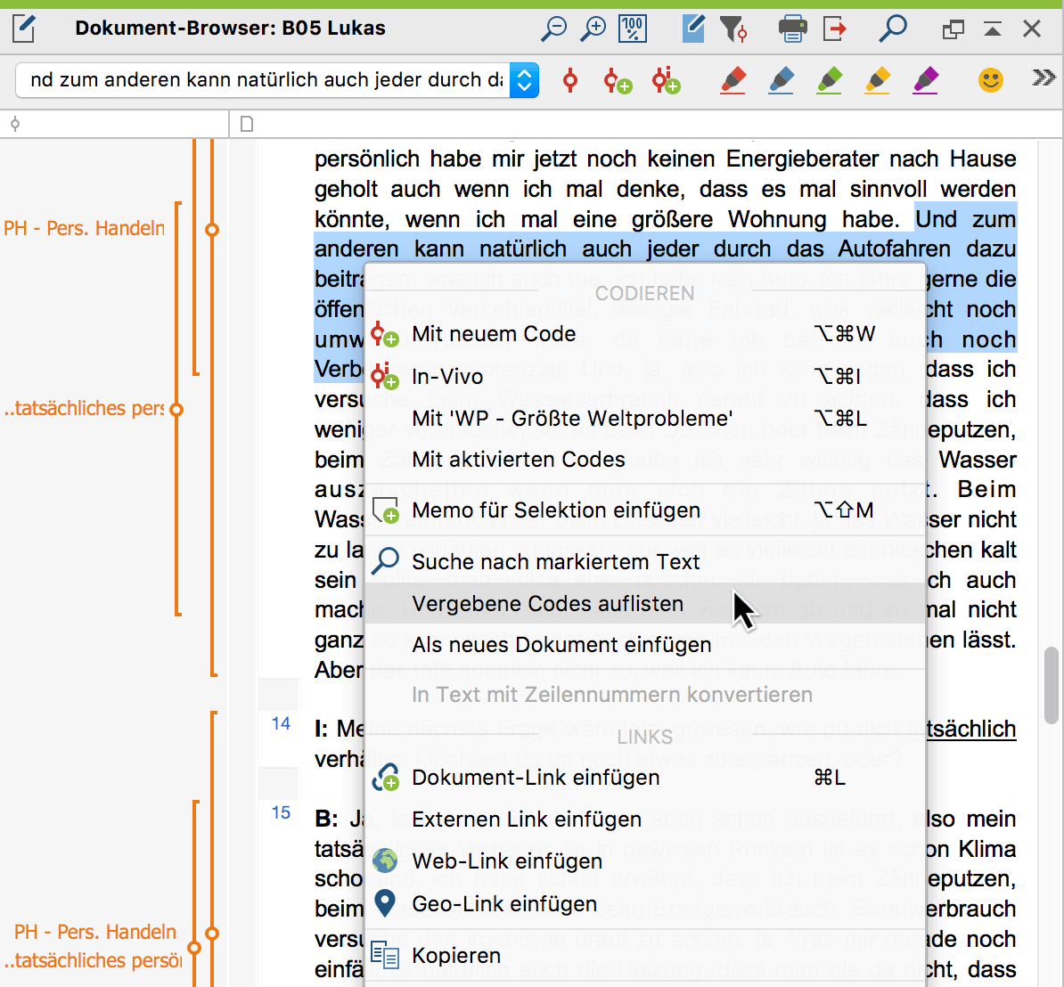 Funktion „Vergebene Codes auflisten“ im Kontextmenü eines markierten Textes Funktion „Vergebene Codes auflisten“ im Kontextmenü eines markierten Textes