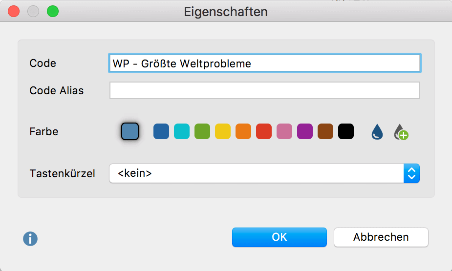 Eigenschaftsfenster für einen Code Eigenschaftsfenster für einen Code